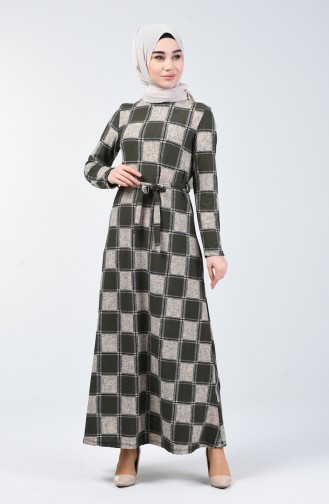 Patterned Belted Dress 0348-01 Khaki 0348-01