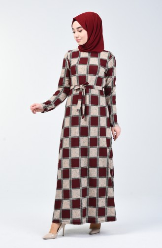 Gemustertes Kleid mit Band 0348-02 Weinrot 0348-02