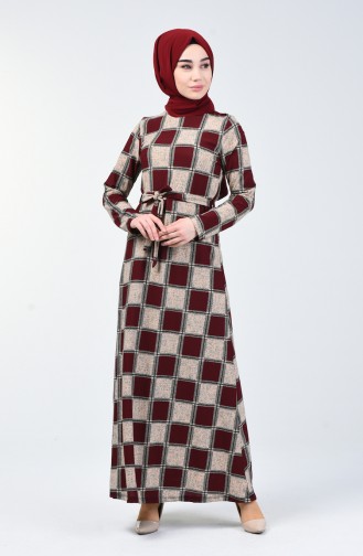 Gemustertes Kleid mit Band 0348-02 Weinrot 0348-02