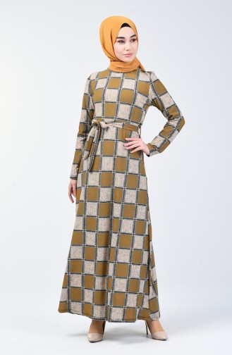 Patterned Belted Dress 0348-03 Mustard 0348-03