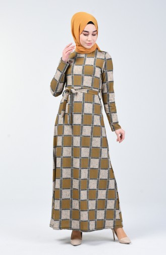 Patterned Belted Dress 0348-03 Mustard 0348-03