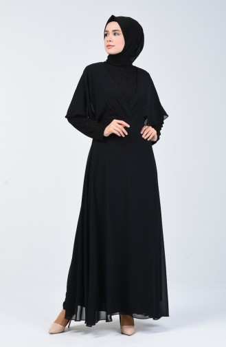Simli Şifon Elbise 1410-02 Siyah
