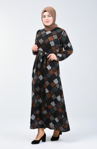 Büyük Beden Desenli Kuşaklı Elbise 4829-01 Kahverengi Petrol