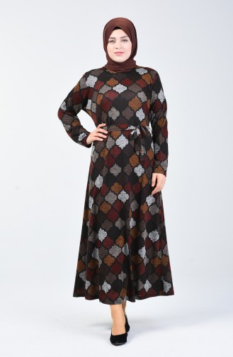 Büyük Beden Desenli Kuşaklı Elbise 4829-02 Kahverengi Kiremit