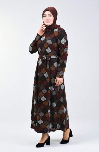 Büyük Beden Desenli Kuşaklı Elbise 4829-02 Kahverengi Kiremit