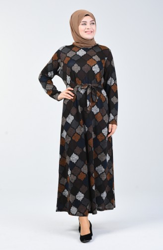 Büyük Beden Desenli Kuşaklı Elbise 4829-03 Kahverengi Lacivert