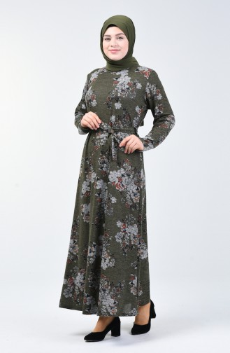 Plus Size Patterned Dress with Belt 4829A-03 Khaki 4829A-03