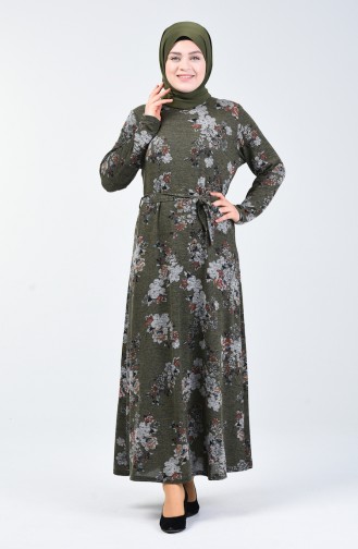 Plus Size Patterned Dress with Belt 4829A-03 Khaki 4829A-03