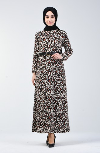 Leopard Patterned Belted Dress 1909-01 Black Tile 1909-01