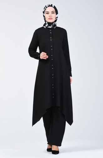 Button Detailed Tunic Trousers Double Suit 11001-01 Black 11001-01