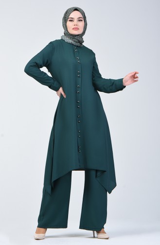 Button Detailed Tunic Trousers Double Suit 11001-02 Emerald Green 11001-02