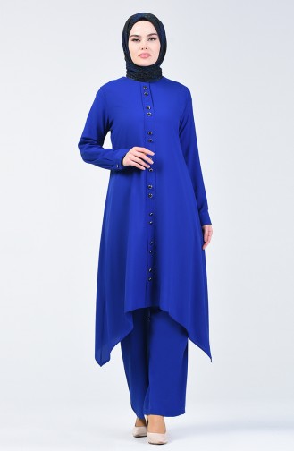 Button Detailed Tunic Trousers Double Suit 11001-03 Saxe Blue 11001-03