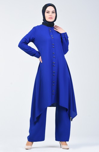 Button Detailed Tunic Trousers Double Suit 11001-03 Saxe Blue 11001-03