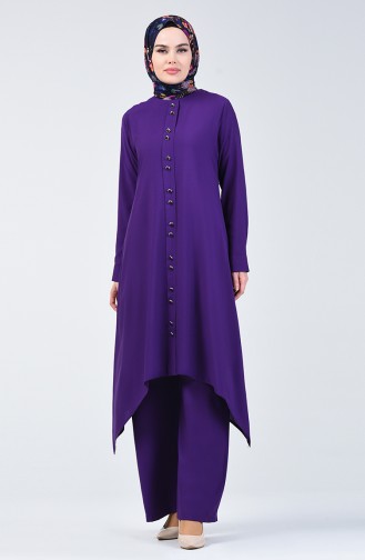 Button Detailed Tunic Trousers Double Suit 11001-05 Purple 11001-05