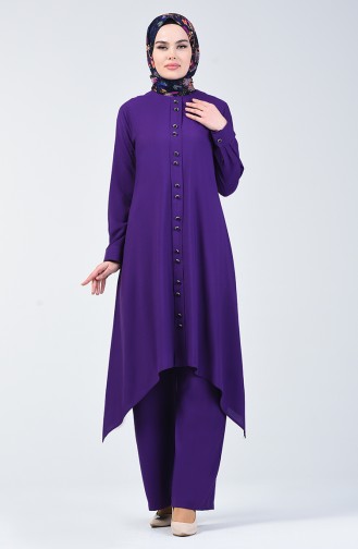 Button Detailed Tunic Trousers Double Suit 11001-05 Purple 11001-05