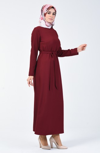 Belted Straight Dress Bordeaux 60087-01