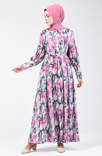 Patterned Viscose Dress Dried Rose Petroleum Blue 4530-04