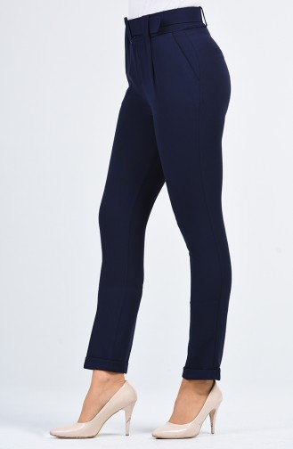 Straight Leg Trousers with Belt 3158-02 Navy Blue 3158-02