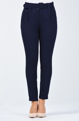 Straight Leg Trousers with Belt 3158-02 Navy Blue 3158-02