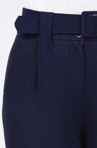 Straight Leg Trousers with Belt 3158-02 Navy Blue 3158-02