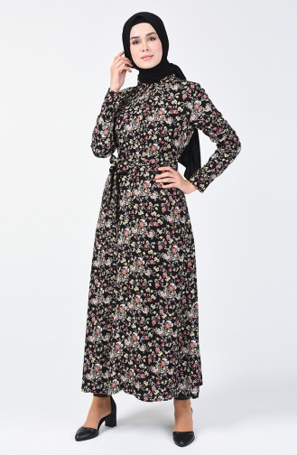 فستان فيسكوز منقوش بالأزهار أسود 0353-01