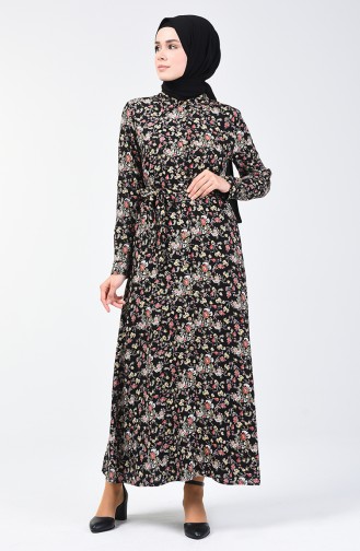 Flower Patterned Viscose Dress 0353-01 Black 0353-01