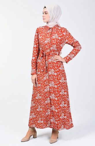 فستان فيسكوز منقوش بالأزهار قرميدي 0353-05