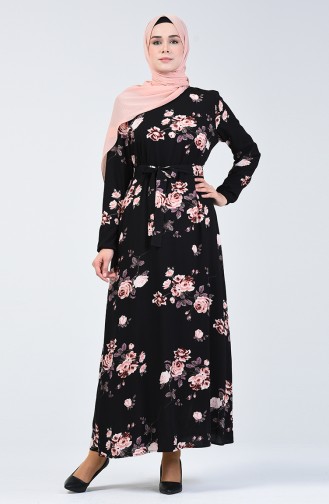 فستان منقوش بأكمام مطاط أسود 3016-01
