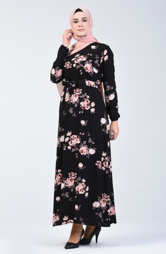 Sleeve Elastic Patterned Dress Black 3016-01