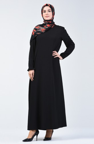 فستان سادة بأكمام مطاطية أسود 0115-06