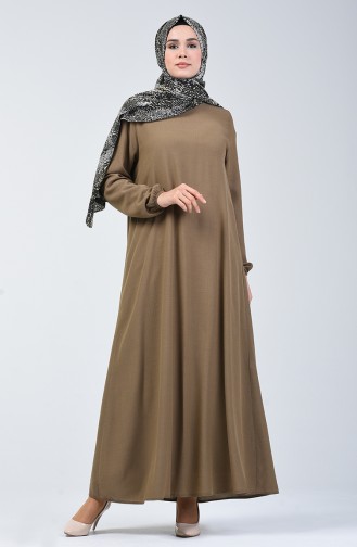 فستان سادة بأكمام مطاطية أخضر زيتي 0115-07