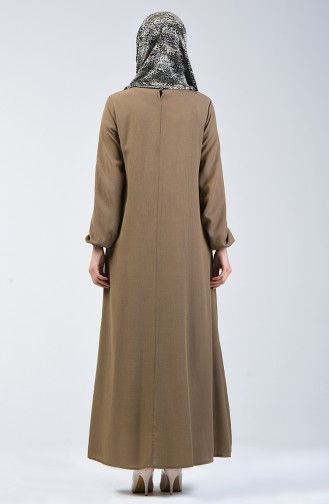 فستان سادة بأكمام مطاطية أخضر زيتي 0115-07