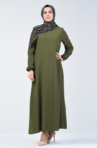 فستان سادة بأكمام مطاطية أخضر كاكي 0115-08