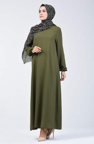 فستان سادة بأكمام مطاطية أخضر كاكي 0115-08