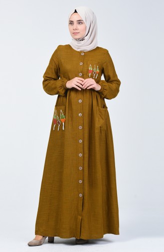 Boydan Düğmeli Keten Elbise 3018-04 Yağ Yeşili