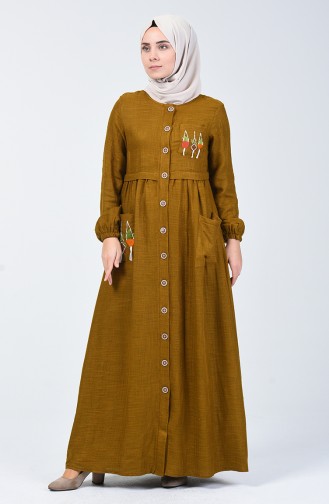 Boydan Düğmeli Keten Elbise 3018-04 Yağ Yeşili