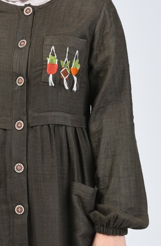 Boydan Düğmeli Keten Elbise 3018-02 Zümrüt Yeşili