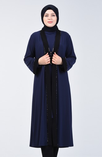 Ensemble Deux Pieces Tunique Cape Avec Collier 4446-03 Bleu Marine 4446-03