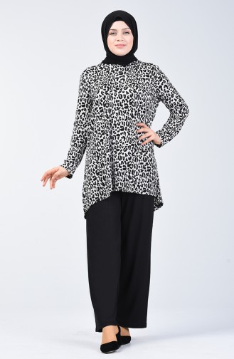 Plus Size Leopard Paterned Tunic Pants 2 Piece 5925-02 Black White 5925-02