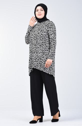 Büyük Beden Leopar Desenli Tunik Pantolon İkili Takım 5925-02 Siyah Beyaz