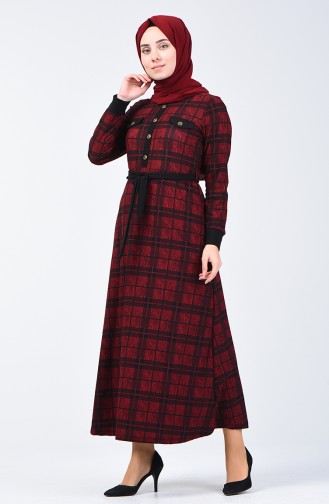 Pocket Detailed Belted Dress 0350-02 Claret Red 0350-02