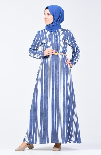 Robe Ceinturée à Rayures 0352-01 İndigo 0352-01