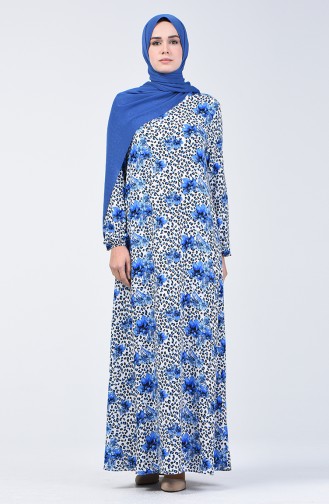 فستان منقوش بأكمام مطاط أزرق 0074-01