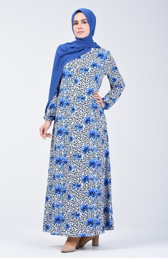 Elastic Sleeve Patterned Dress 0074-01 Blue 0074-01