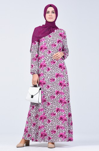 Elastic Sleeve Patterned Dress 0074-02 Fuchsia 0074-02