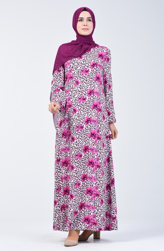 Elastic Sleeve Patterned Dress 0074-02 Fuchsia 0074-02