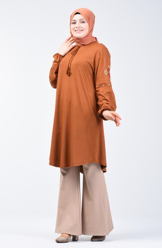 Big Size Sleeve Embroidered Tunic Brown Tobacco 5927A-01
