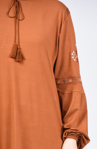 Big Size Sleeve Embroidered Tunic Brown Tobacco 5927A-01