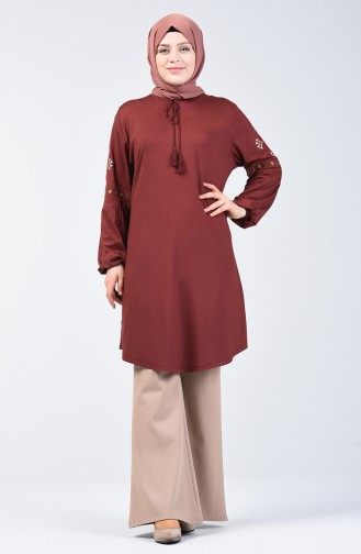 Big Size Sleeve Embroidered Tunic Brown 5927A-03