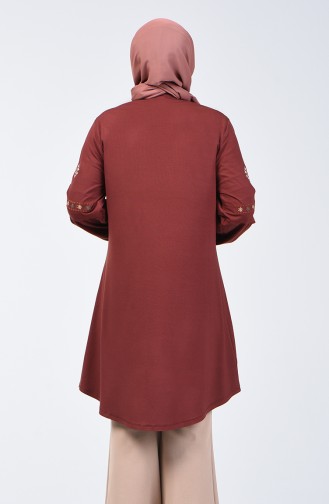 Big Size Sleeve Embroidered Tunic Brown 5927A-03